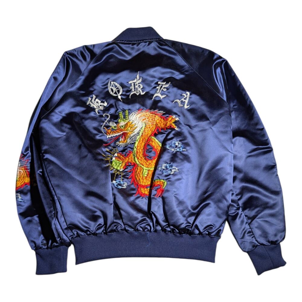 Vtg 1980s Korea Navy Blue Satin Dragon Embroidered Souvenir Jacket Women's S